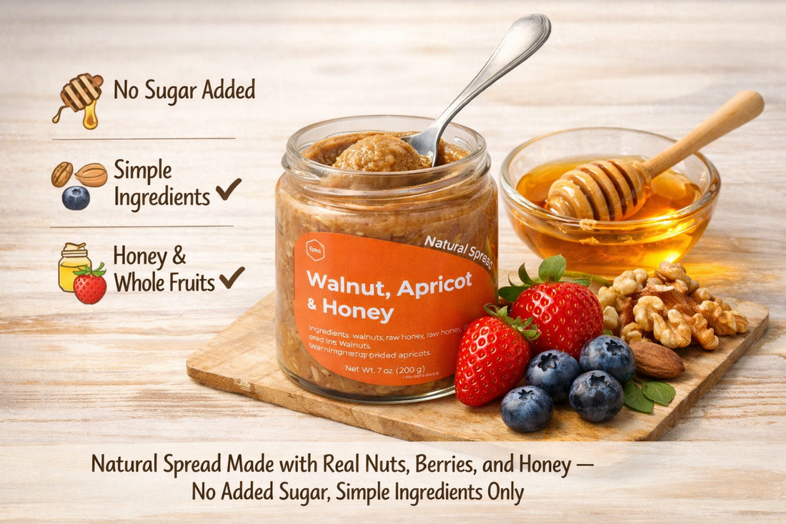 Natural sweet spread made with walnuts, apricots, and honey, shown without added sugar and with simple, recognizable ingredients