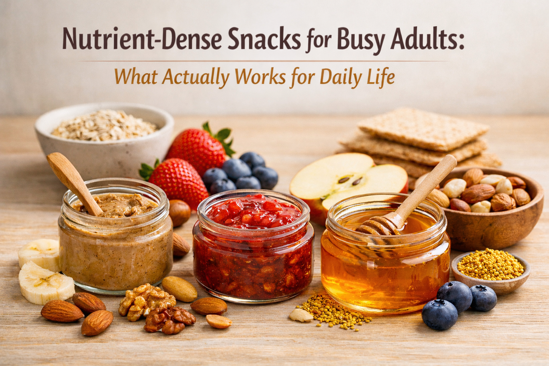 Three jars of nutrient-dense spreads made with nuts, berries, honey, and bee pollen, shown as convenient snack options for busy adults